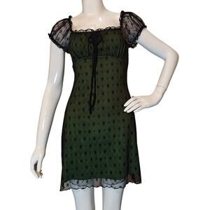 Cider Green Mesh Mini Dress XS Black Lace Sheer Fairycore